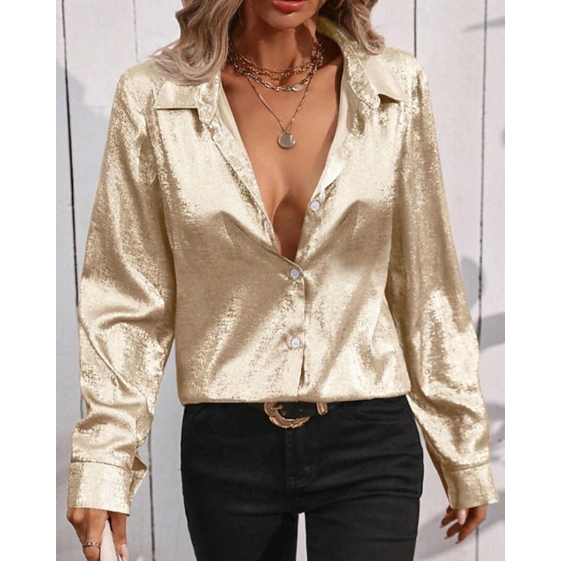Women's Shirt Blouse Plain Elegant Stylish Long Sleeve Shirt Collar Regular Tops Holiday Going out Buttons Black Gold Spring Fall4
