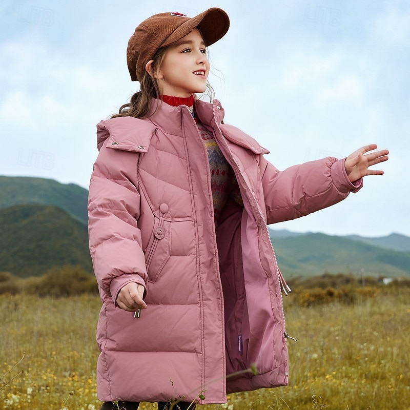 Kids Girls' Down Jacket Outdoor Jacket Puffer Jacket Solid Color Fashion Keep Warm Windproof Outdoor Coat Outerwear 4-12 Years Fall Black Yellow Pink2