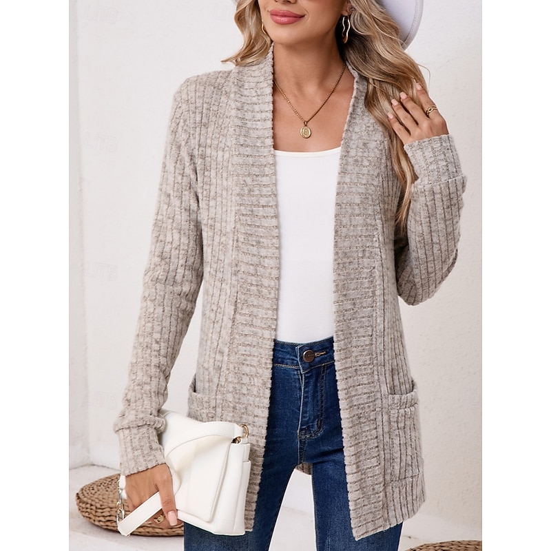 Women's Sweater Cardigan Elegant Fashion Streetwear Pure Color Open Front Pocket Knitted Long Sleeve Regular Tops Knit Outdoor Daily Weekend Black Wine Fall Winter