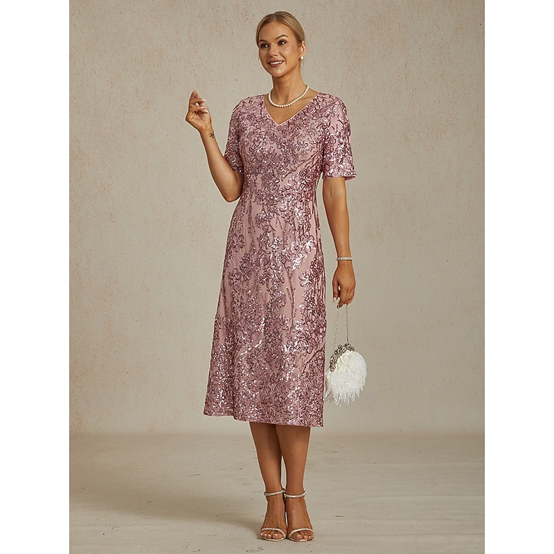 Women's Midi Dress Shift Dress Elegant Sequins Embroidered Glitter Sparkly Party Wedding Party Regular Fit Floral Short Sleeve V Neck Blush Pink Spring Fall Winter - Main Image