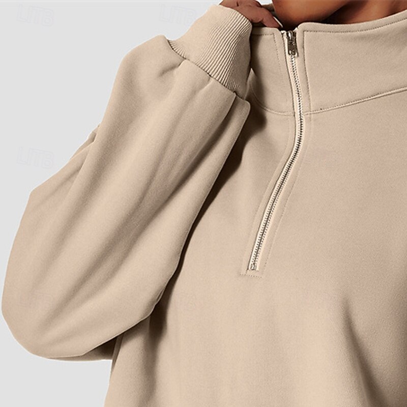 Women's Pullover Sweatshirts Zip Up Sweatshirts Plain Sports Fashion Casual Long Sleeve High Neck Regular Tops Street Dailywear Casual Half Zipper Quarter Zipper Zipper Khaki Fall Winter2