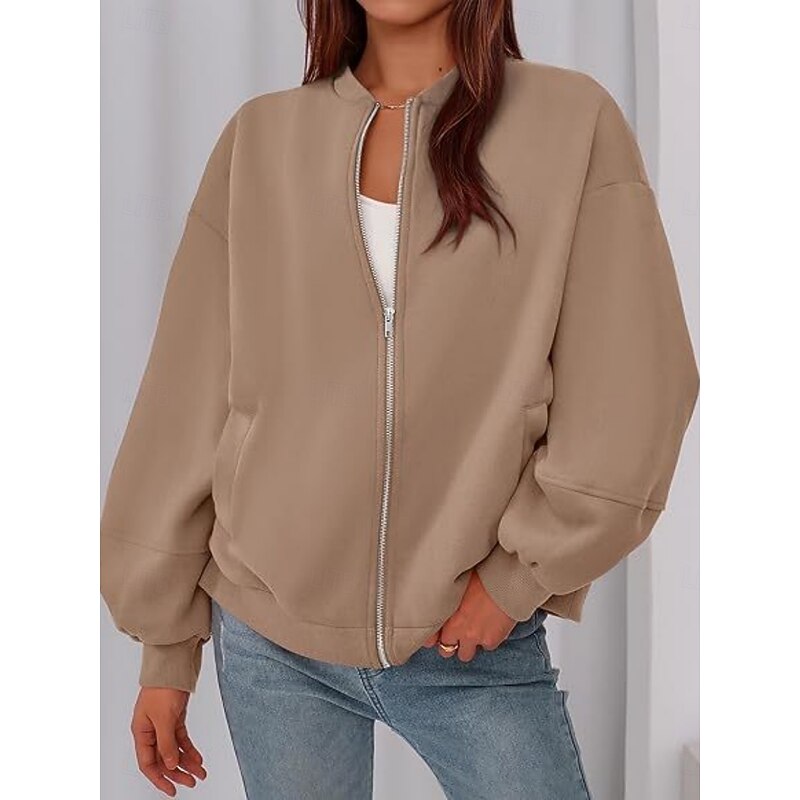 Women's Casual Jacket Comfortable Breathable Zipper Casual Plain Vacation Street Casual Daily Wear Zipper Regular Stand Collar Loose Fit Long Sleeve Outerwear Black White Red Spring Fall3