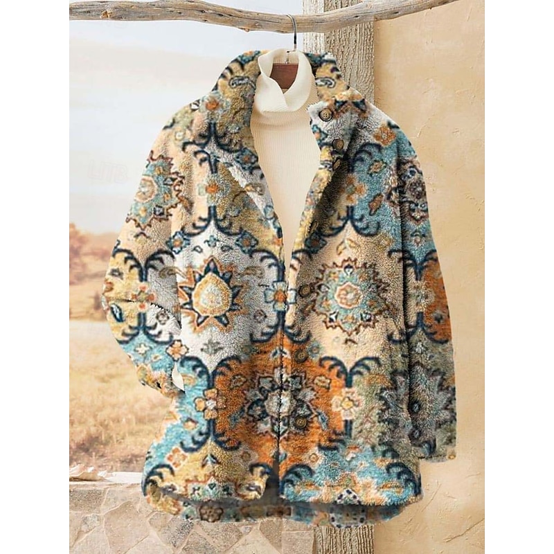 Women's Fleece Jacket Casual Jacket Comfortable Breathable Pocket Print Casual Floral Vacation Street Casual Daily Wear Zipper Regular Turndown Loose Fit Long Sleeve Outerwear Black Pink Blue Spring2