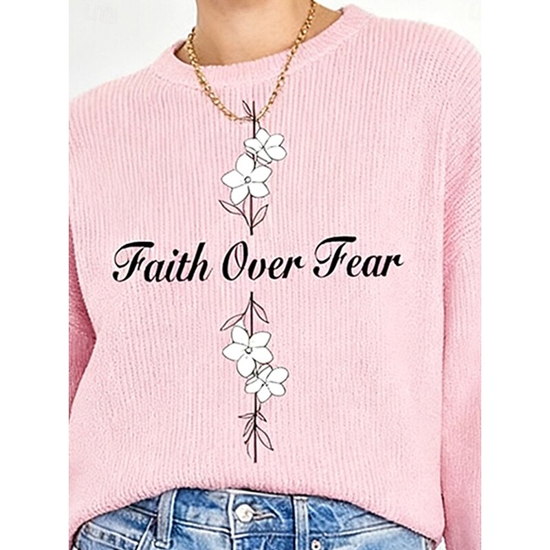Women's Sweater Pullover Daily Casual Graphic Letter Ribbed Crew Neck Knitted Print Long Sleeve Regular Tops Knit Outdoor Weekend Pink Fall Winter2