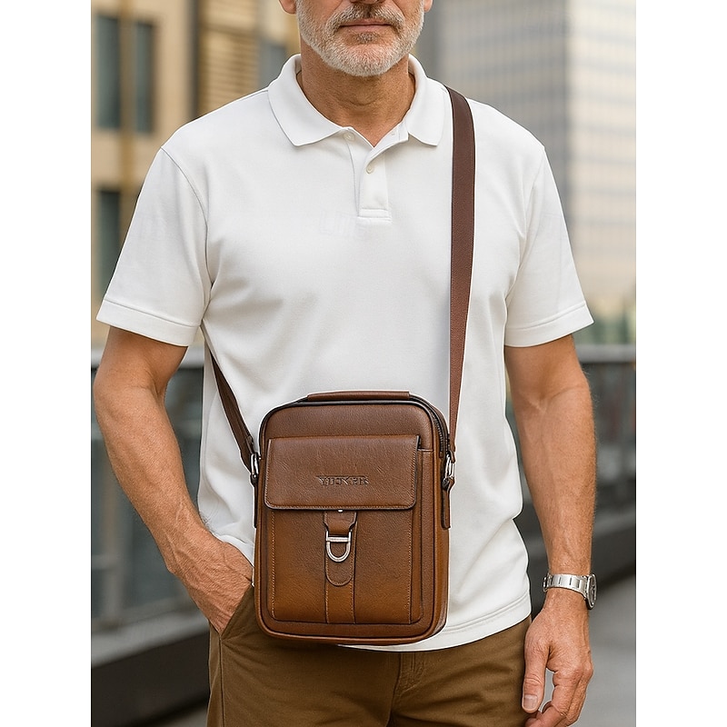 Men's Brown Black Faux Leather Crossbody Shoulder Bag – Vintage Messenger Satchel with Top Handle, Casual Business Travel Handbag