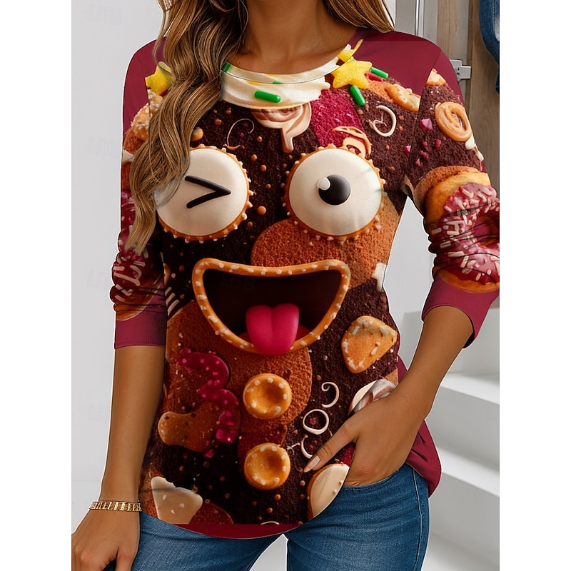 Christmas Women's T Shirt Graphic Geometric Vintage Stylish Casual Long Sleeve Crew Neck Regular Tops Weekend Print Pink Brown Green Winter