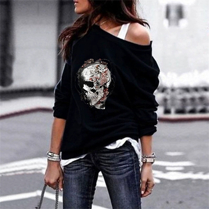 Women's Pullover Sweatshirt Graphic Skull Halloween Active Fashion Streetwear Long Sleeve Crew Neck Regular Tops Street Dailywear Casual Print Black Red Blue Green Gray Fall Winter