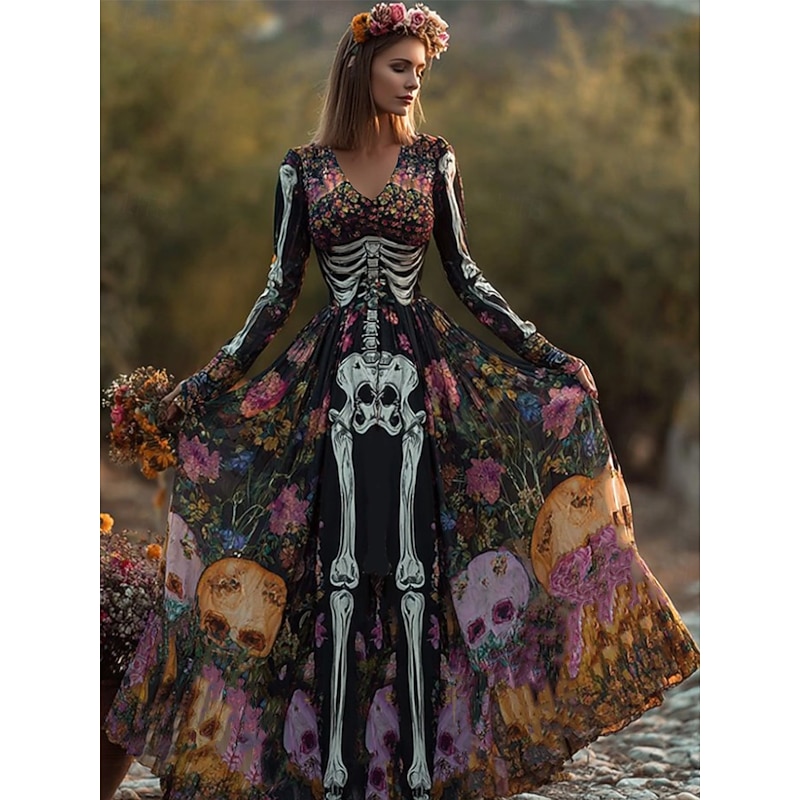 Halloween Women's Skeleton Maxi Dress Pleated Dress Boho Date Going out Regular Fit Skull Long Sleeve V Neck Black Orange Light Orange Fall