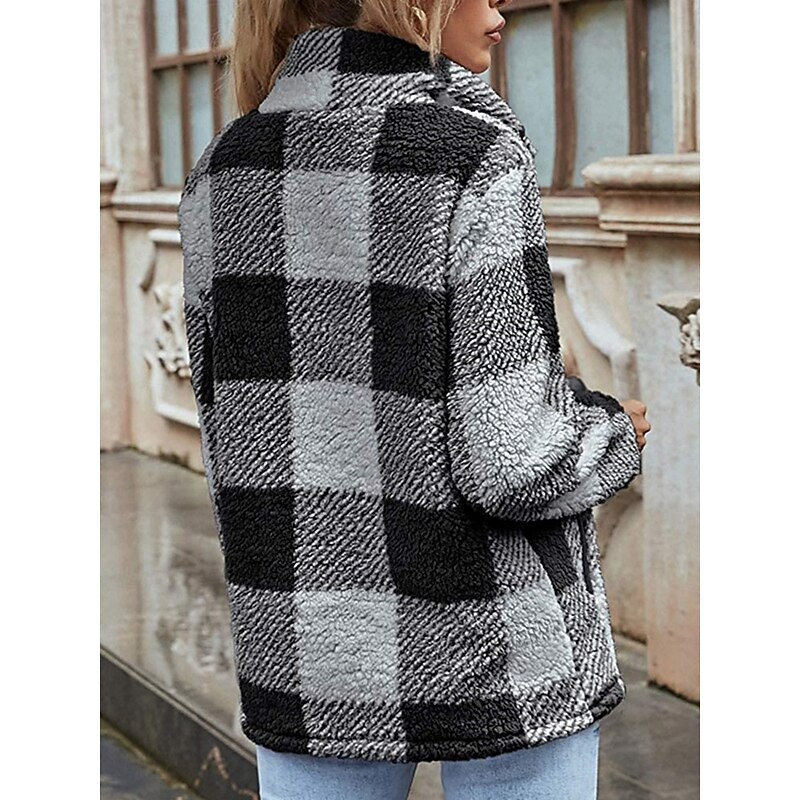 Women's Winter Coat Sherpa Jacket Comfortable Breathable Pocket Buttons Casual Plaid Vacation Street Casual Daily Wear Single Breasted Regular Lapel Regular Fit Long Sleeve Outerwear Black Red Green2