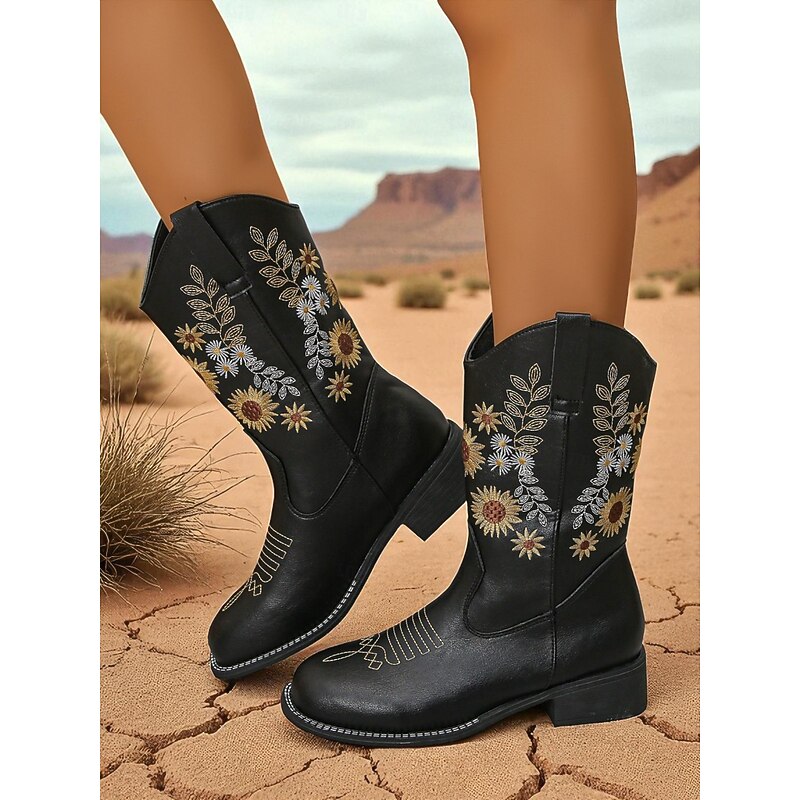 Women's Brown Cowboy Boots – Faux Leather Mid Calf Western Shoes with Sunflower Embroidery for Festivals and Country Style