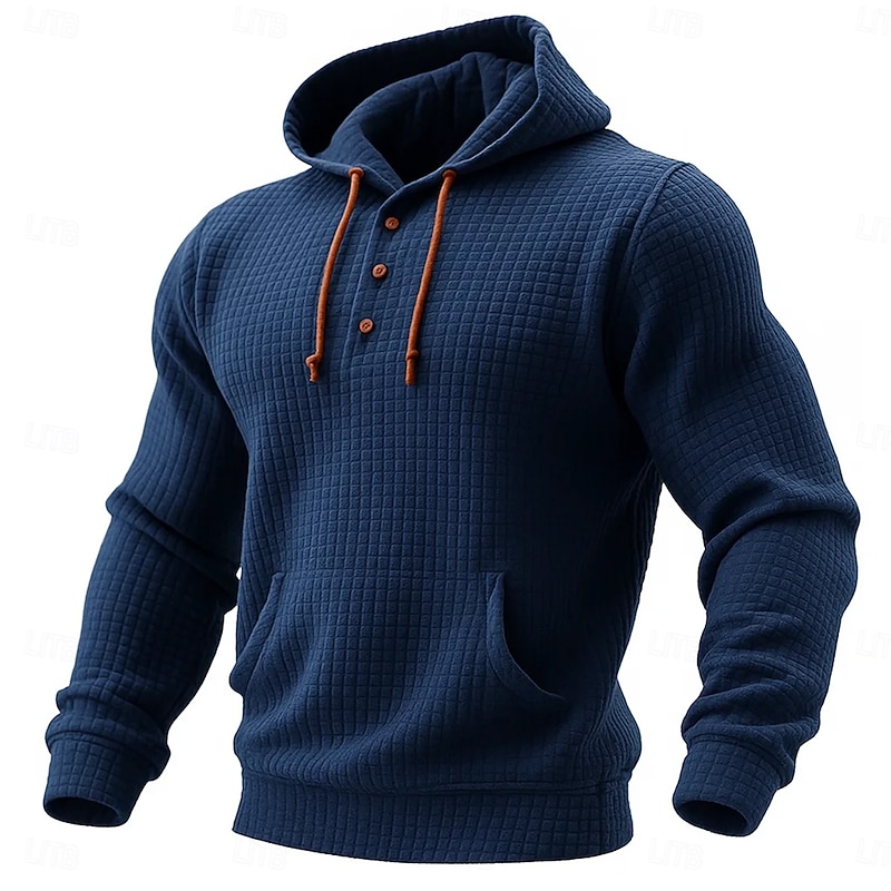 Men's Hoodie Waffle Hoodies Pullover Hoodie Sweatshirt Navy Blue Khaki Light Grey Dark Gray Hooded Henley Plain Patchwork Color Block Sports & Outdoor Casual Daily Streetwear Cool Sportswear Fall - Main Image