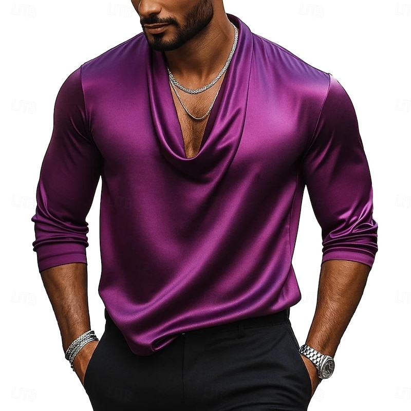 Men's Shirt Silk Like Satin Shirt Casual Shirt Plain Formal Wedding Black White Navy Blue Gold Long Sleeve Cowl Neck Spring &  Fall All Seasons Clothing Apparel Ruched