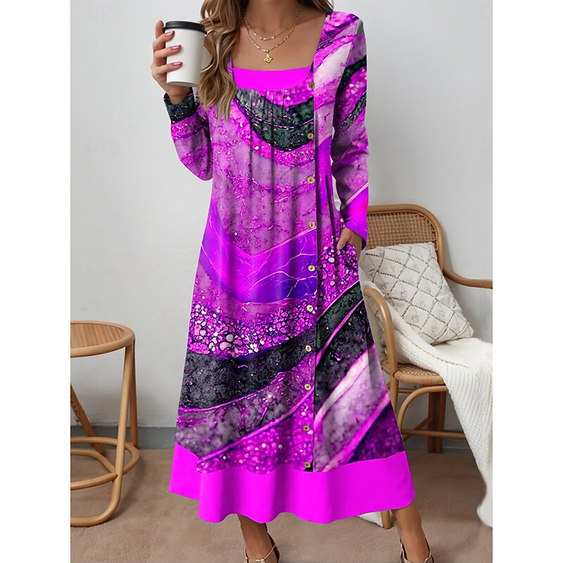 Women's Midi Dress Shift Dress Casual Daily Regular Fit Graphic Abstract Long Sleeve Square Neck Yellow Blue Purple Green Fall Winter4