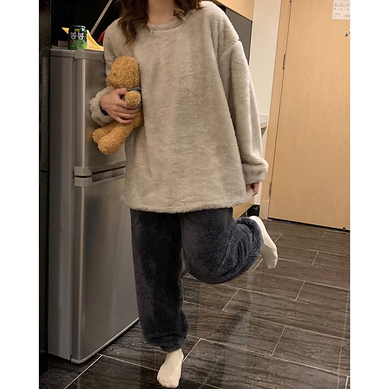 Women's Pajamas Loungewear Casual Patchwork Elastic Waist Pant Vacation Home Bed Long Sleeve Crew Neck Black Red Purple Beige Gray Fall Winter Tailored Fit2