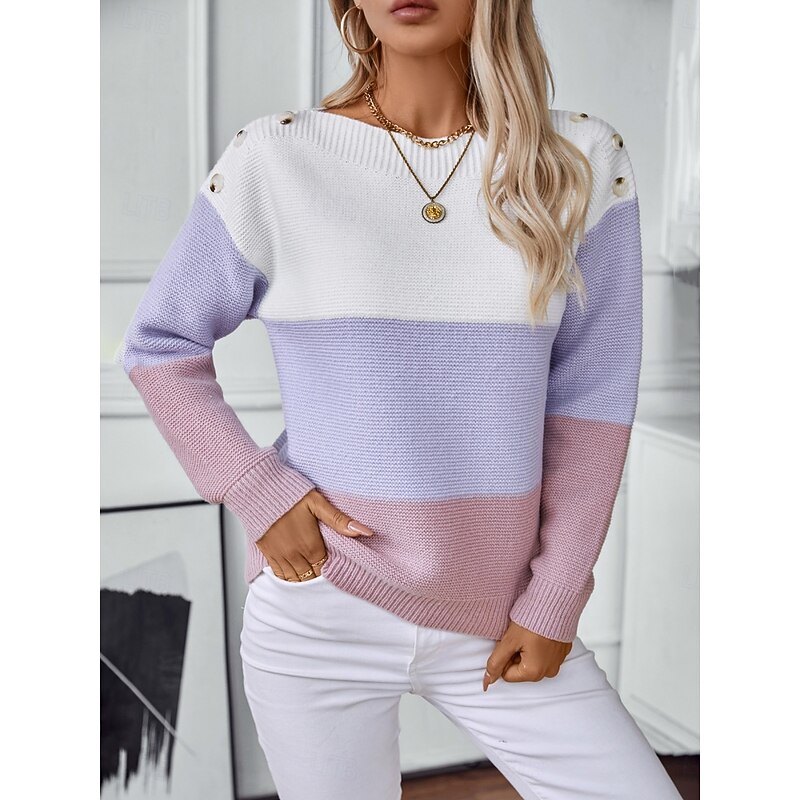 Women's Sweater Casual Soft Striped Ribbed Crew Neck Knitted Textured Long Sleeve Regular Tops Knit Outdoor Daily Weekend Purple Brown Fall Winter3