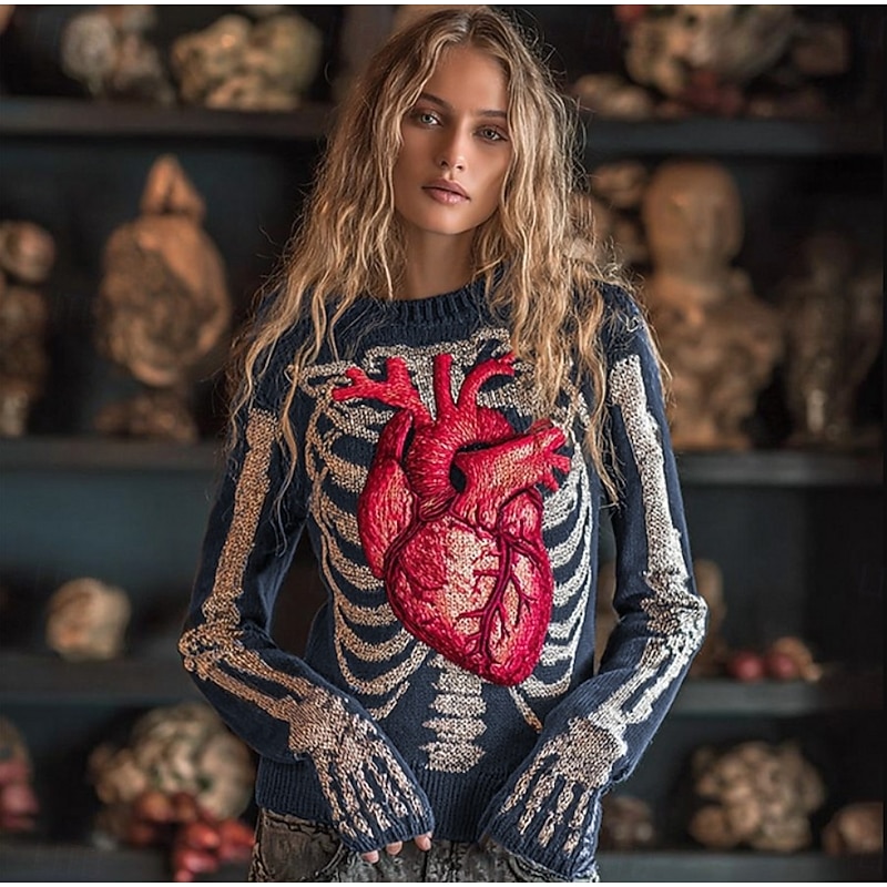 Halloween Women's Sweater Skeleton  Cute Streetwear Casual Graphic Skeleton Crew Neck Patchwork Knitted Long Sleeve Regular Tops KnitBlack Red Fall Winter4