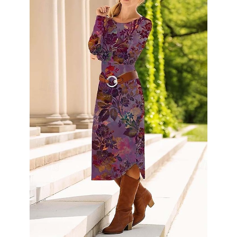 Women's Midi Dress Sheath Dress Shift Dress Casual Daily Regular Fit Graphic Paisley Abstract Long Sleeve Crew Neck Red Blue Purple Green Spring Fall Winter Autumn3