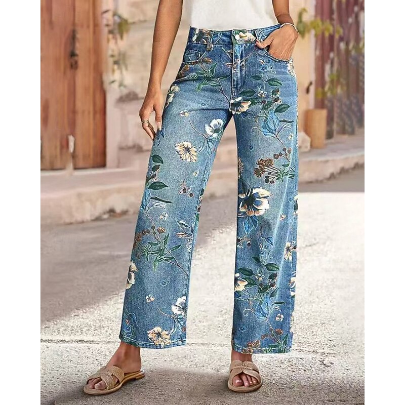Women's Jeans Culottes Wide Leg Chinos Streetwear Casual Full Length Medium Waist Floral Pocket Elastic Waist Printing Comfortable Micro-elastic Outdoor Vacation Daily Deep Blue Light Blue Fall Winter