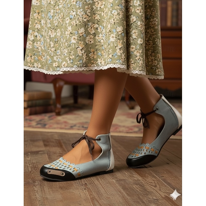 Women's Vintage Lace-Up Flat Shoes – Retro Hollow-Out Suede Casual Ballet Flats for Daily Wear - Main Image