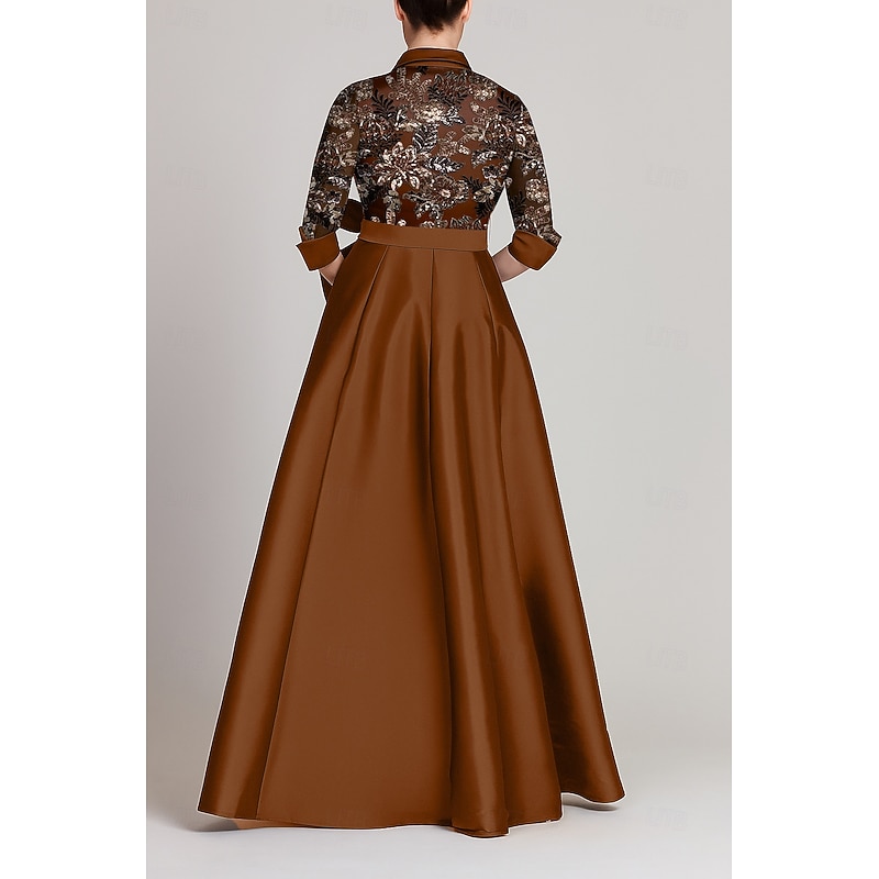 Floral Sequin Applique A-Line Mother of the Bride Shirt Dress Elegant Shirt Collar Floor Length Taffeta Half Sleeve with Bow(s) Sequin Appliques3