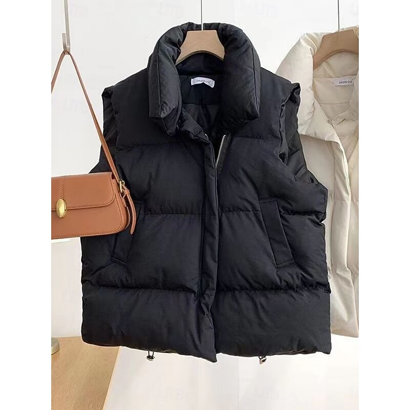 Women's Vest Comfortable Breathable Pocket Casual Plain Vacation Street Casual Daily Wear Zipper Short Stand Collar Loose Fit Sleeveless Outerwear Black White Khaki Spring Fall4