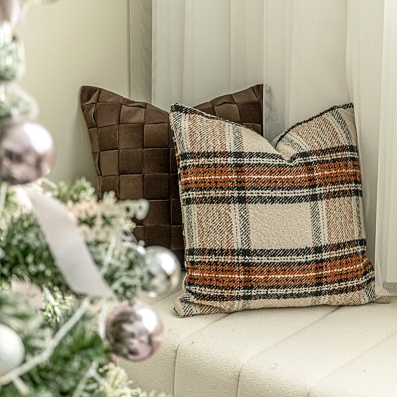 Nordic Christmas Style Beige and Brown Plaid Throw Pillow, Decorative Cushion for Living Room, Bedroom, Lumbar Pillow, Pumpkin Accent Pillow4