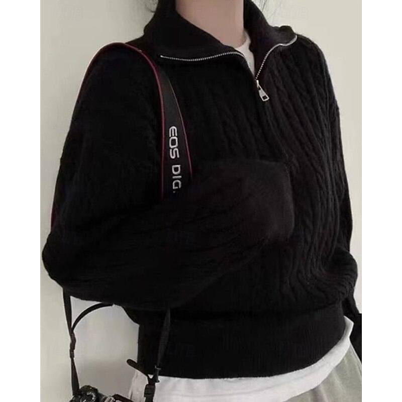 Women's Sweater Casual Soft Solid Color Ribbed Half Zip Knitted Long Sleeve Regular Tops Knit Outdoor Daily Weekend Black Fall Winter