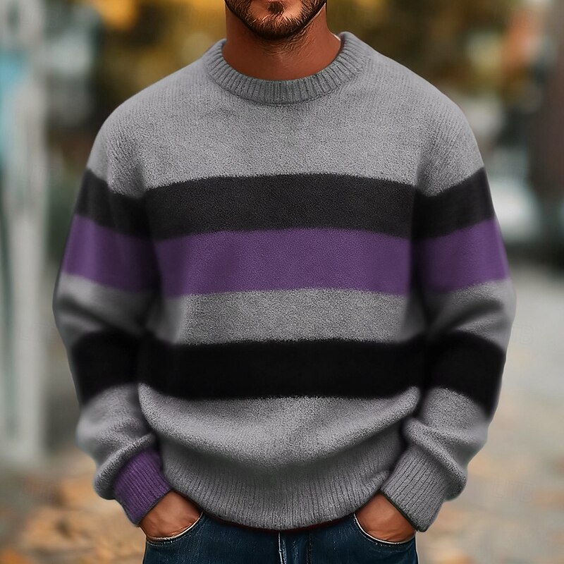 Men's Horizontal Stripes Pullover Sweater Jumper Knitwear Crewneck Casual Vacation Street Daily 3D Print Knitting Keep Warm Long Sleeve Spring Fall Winter Red Blue Purple3