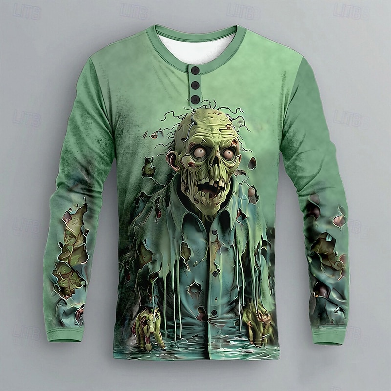 Men's Halloween Zombies Henley Shirt Long Sleeve Fashion Cute Daily Casual Holiday Going out Fall Winter Spring &  Fall Blue Green Purple Henley Collar Henley Henley T-Shirt