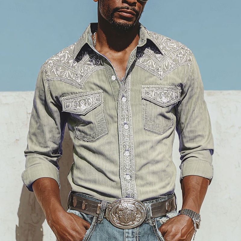 Men's Floral Print Ethnic Flowers Shirt Western Shirt Cowboy Shirt Long Sleeve Vintage Retro Outdoor Casual WorkWear Spring Fall Turndown Front Two Pockets Linen Like Shirt Button Up Shirts Light3