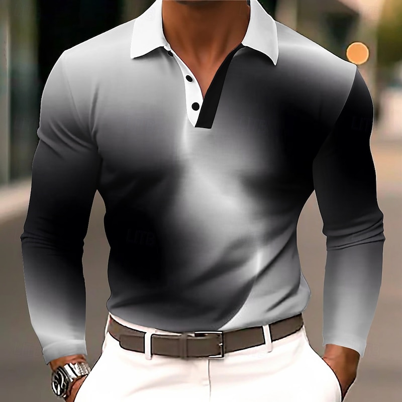 Men's Gradient Geometic Polo Long Sleeve Polo Shirts Lapel Business Casual Athleisure Daily Wear 3D Print Buttons Spring Fall Winter Blue Purple Brown4