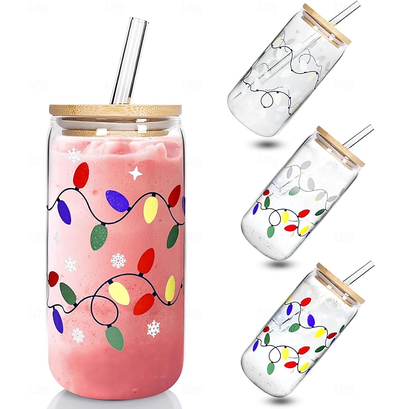 Color Changing Christmas Cup, Cute Color Changing Glass Cup, Bamboo Leakproof Lid & Steel Straw, Reusable Travel Mug for Iced Coffee, Smoothie, Cocktail, Xmas Party Decoration Gift Tumbler