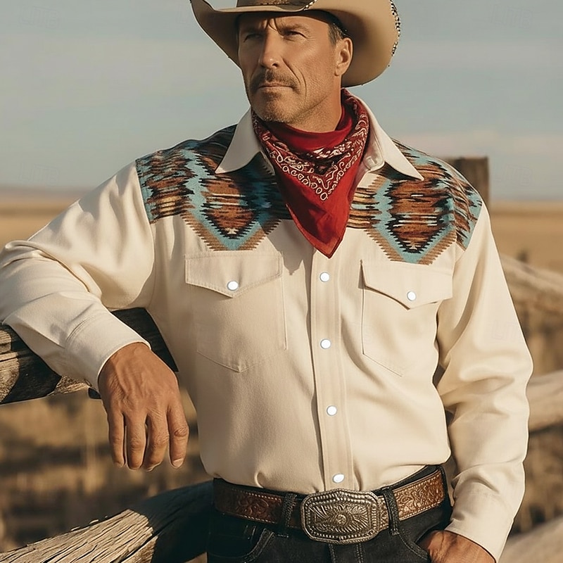 Men's Aztec Geometric Pattern Ethnic Shirt Western Shirt Cowboy Shirt Long Sleeve Vintage Retro Outdoor Casual WorkWear Spring Fall Turndown Front Two Pockets Linen Like Shirt Button Up Shirts Blue3