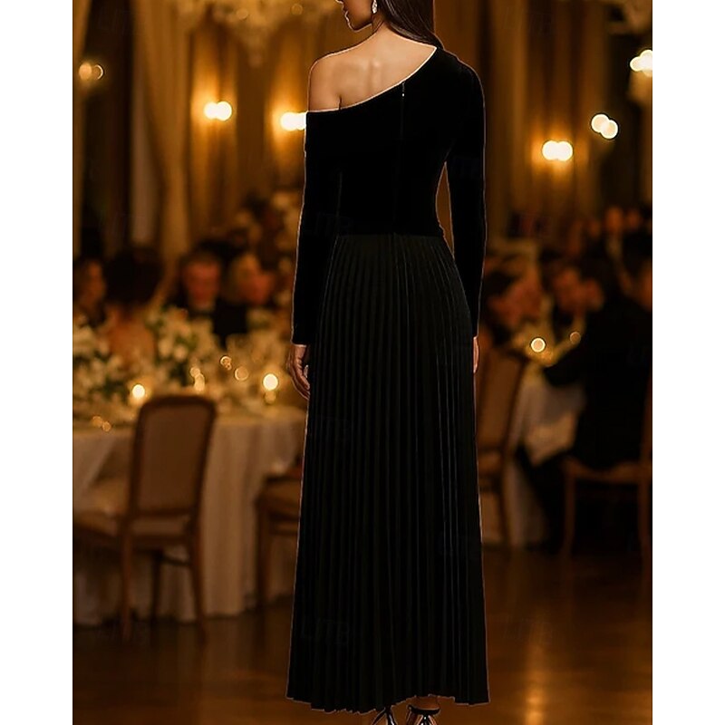Black Tie Stretch Velvet A-Line Cocktail Dresses Elegant Dress Formal Wedding Tea Length Long Sleeve One Shoulder with Pleats 20252