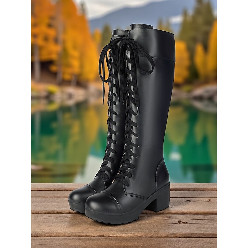 Women's Black Knee High Platform Lace-Up Boots - Chunky Heel Faux Leather Combat Style for Fall Winter Streetwear and Urban Outfits