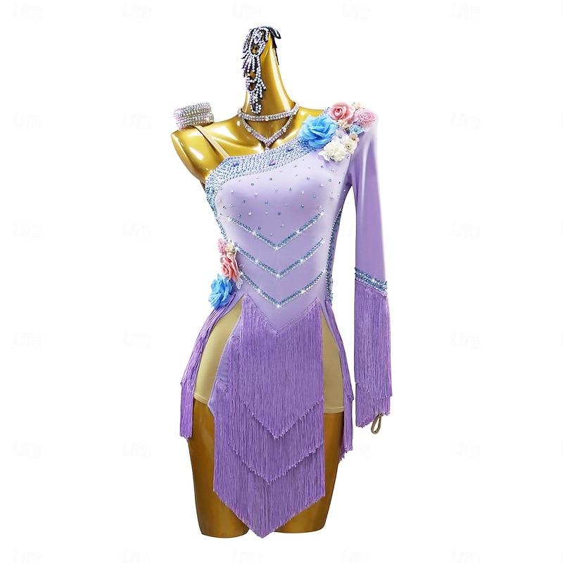 Latin Dance Dress Petal Crystal / Rhinestone Tassel Women's Performance Party Long Sleeve Spandex4