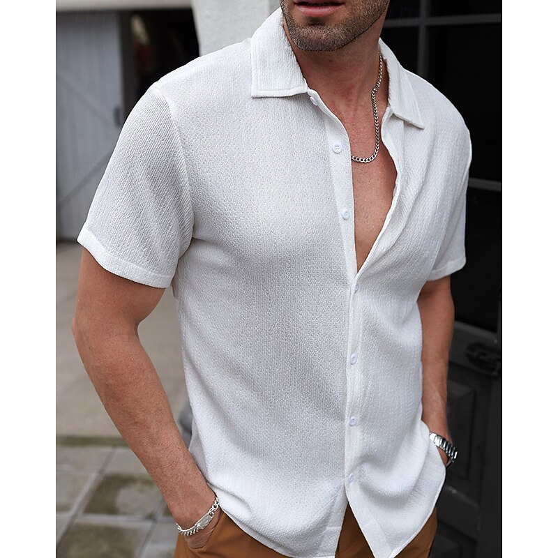 Men's Shirt Summer Shirt Casual Shirt Beach Shirt Button Up Shirt White Blue Short Sleeve Plain Lapel Vacation Hawaiian Clothing Apparel Polyester Fashion Casual Comfortable - Main Image
