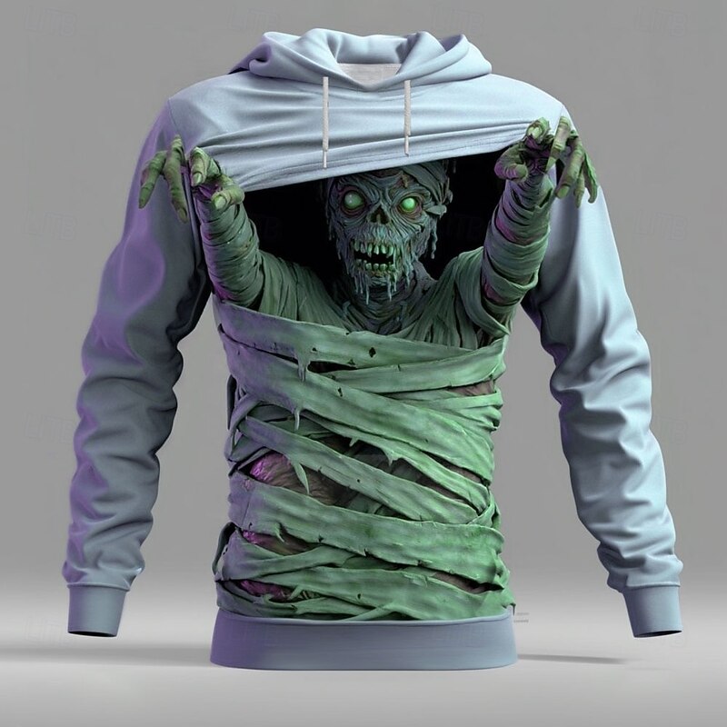Halloween Men's Optical Illusion Zombies 3D Hoodie Sweatshirt Punk Exaggerated Crew Neck Club Streetwear Pink Blue Drawstring Fall Winter Designer4