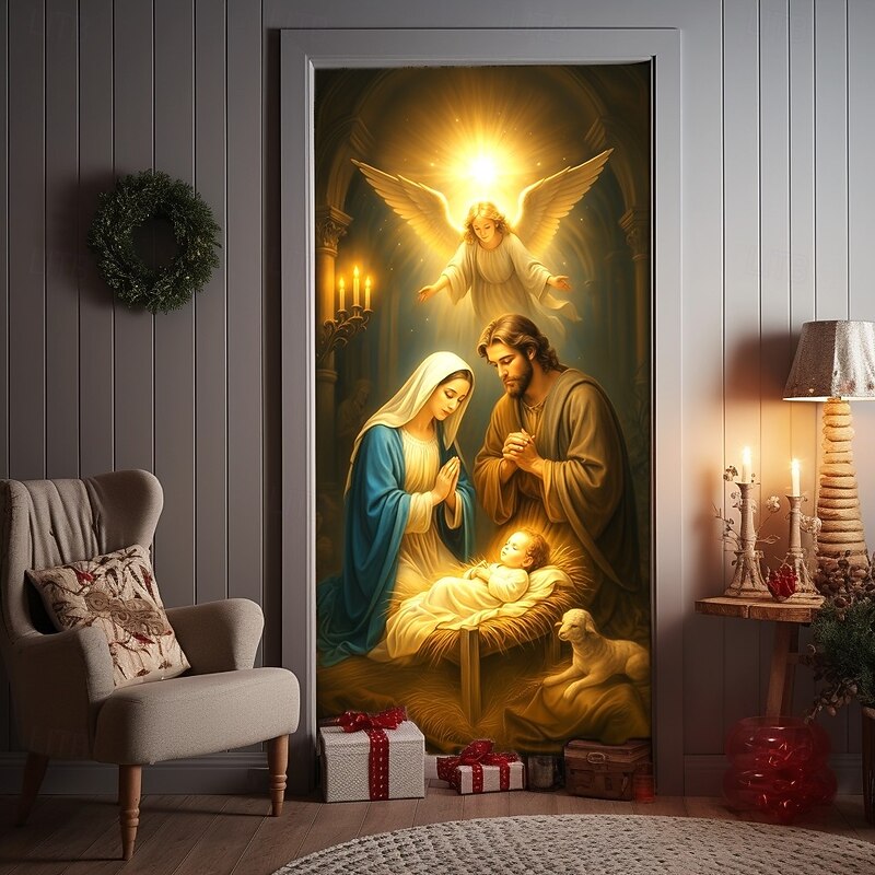 Christmas Door Cover, Angel and Holy Family Nativity Scene Door Curtain, Religious 2025 Xmas Door Hanging for Porch Church Party Home Decoration2