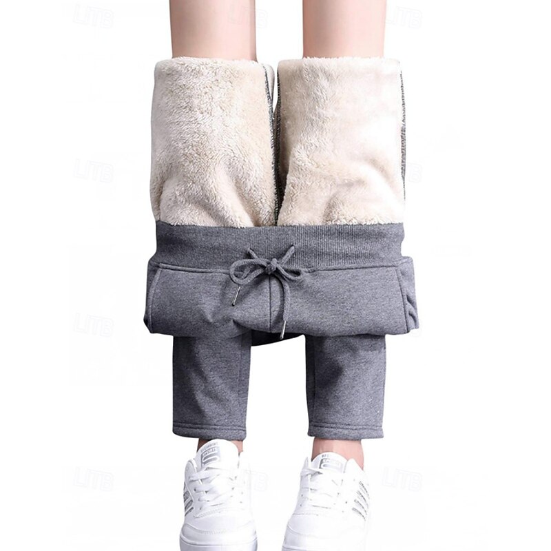 Women's Straight Casual Full Length Mid Waist Plain Elastic Waist Thermal Warm Stretchy Vacation Street Causal Grey Black Winter Loose Fit