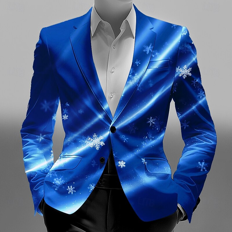 Men's Blazer Coat Christmas Casual Daily Modern Fall / Winter All Seasons 100% Polyester Snowflake 3D Print Buttons Thermal Warm Comfortable Single Breasted Blazer Red Blue Purple Green