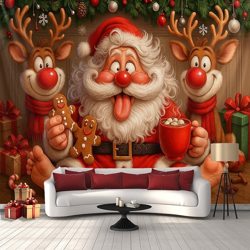 Christmas Wall Tapestry Backdrop, Jolly Santa Claus with Reindeer Wall Hanging, 2025 Xmas Festive Holiday Wall Decor for Bedroom, Living Room, Party and Outdoor3