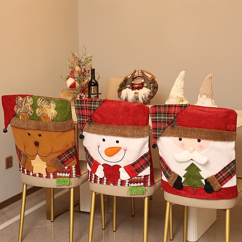 3PCS Christmas Chair Covers Xmas Festive Santa Snowman Elk Chair Back Slipcovers, Holiday Dining Room Decoration, Xmas Home Decor Accessories