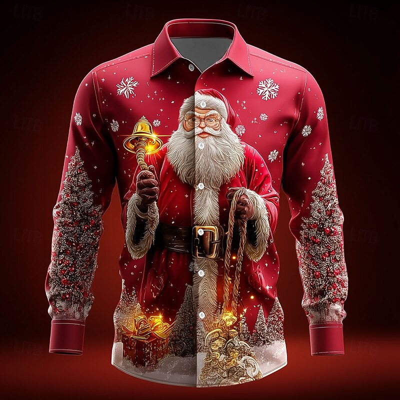 Christmas Men's Santa Claus Christmas Tree Christmas Bell Shirt Button Up Shirt Long Sleeve Funny Outdoor Holiday Spring Fall Turndown 3D Print Collared Shirts Red 1 Red 3 Red Red 24