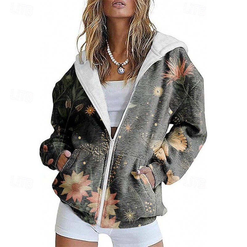 Women's Casual Jacket Comfortable Pocket Print Sports Fashion Outdoor Flower Casual Daily Weekend Zipper Regular Hooded Regular Fit Long Sleeve Outerwear Blue Green Dark Gray Spring Fall3