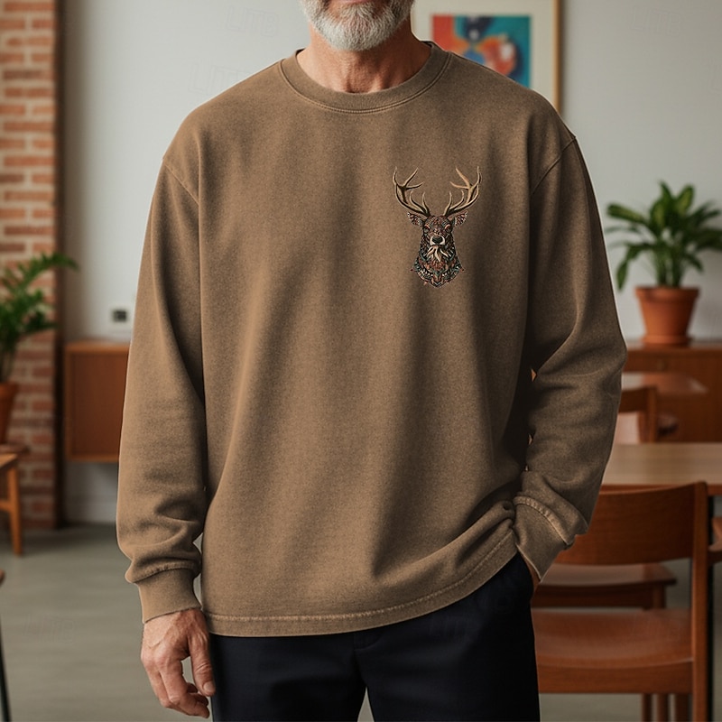 Men's Sweatshirt Distressed Hoodie Apricot Black Pink Army Green Brown Crew Neck Reindeer Print Daily Holiday Going out 100% Cotton Vintage Retro Casual Fall Winter Clothing Apparel Hoodies