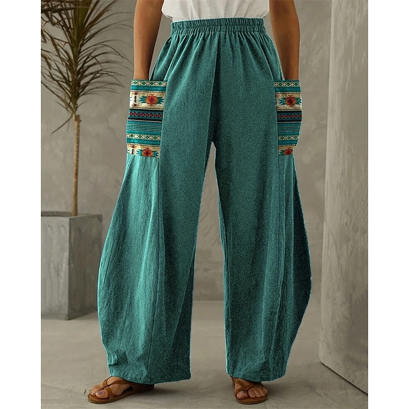 Women's Wide Leg Pants Trousers Vacation Ethnic Style Casual Full Length High Waist Graphic Pocket Elastic Waistband Print Comfy Breathability Inelastic Vacation Casual Daily Peacock Blue Spring Fall