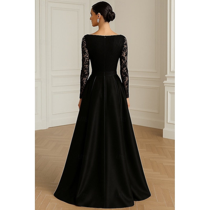 Black A-Line Evening Gown Elegant Formal Dress Formal Wedding Floor Length Long Sleeve V Neck Pocket Satin with Glitter 20252