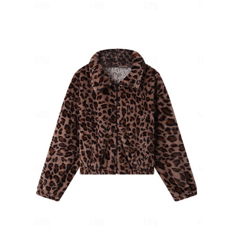 Women's Sherpa Jacket Teddy Coat Comfortable Breathable Pocket Print Casual Leopard Vacation Street Casual Daily Wear Zipper Short Turndown Loose Fit Long Sleeve Outerwear Leopard Spring Fall2