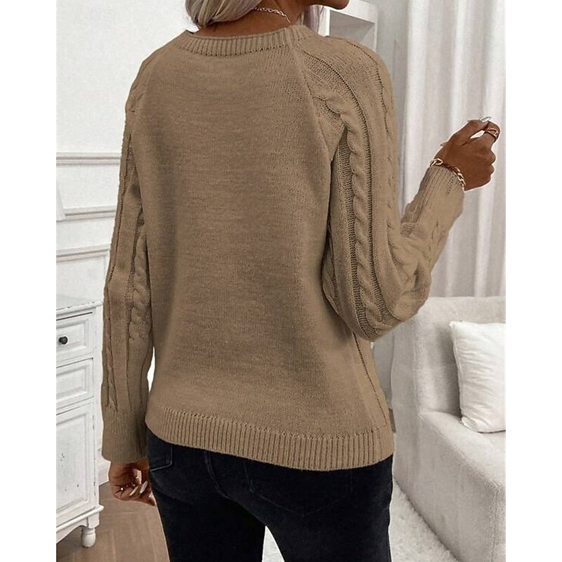 Women's Sweater Pullover Fashion Casual Pure Color Ribbed Crew Neck Buttons Knitted Long Sleeve Regular Tops Knit Outdoor Daily Weekend Khaki Coffee Fall Winter2